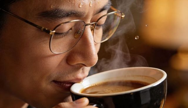 Asian man inhaling steam from hot coffee, wearing wire glasses, close-up cozy cafe moment