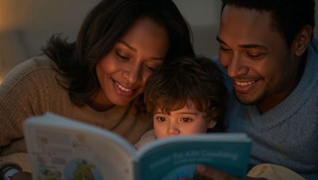 Cozy family reading bedtime story together on couch, parents bonding with child