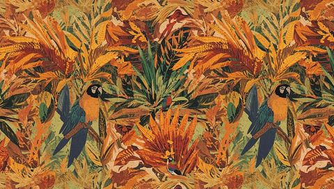 Tropical jungle pattern with vibrant macaw parrots in exotic foliage