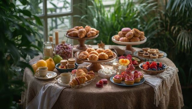 Sunlit rustic brunch table displaying croissants, pink cupcakes and fresh berries