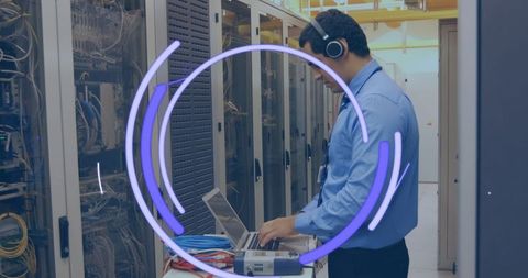 Technician Managing Data Servers with Virtual Interface Overlay