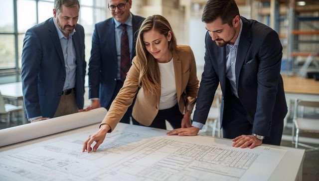 Project lead pointing at blueprints while team reviewing commercial building plans