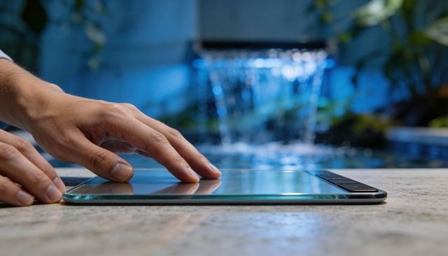 Tapping Glass Tablet Beside Waterfall Fountain at Outdoor Spa Showing Touchscreen Reflection