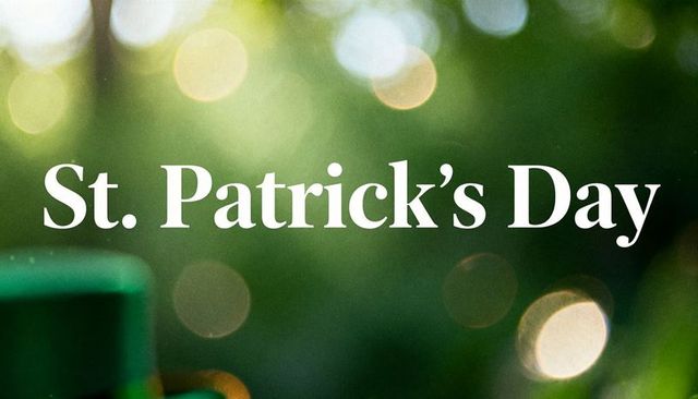 St. Patrick's day green bokeh with white serif headline and blurred leprechaun hat