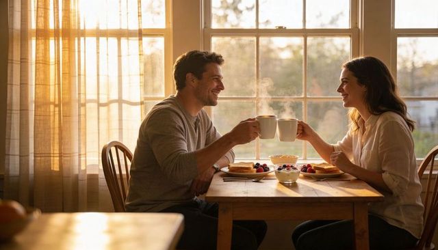 Couple sharing cozy sunlit breakfast, clinking steaming mugs at rustic kitchen table