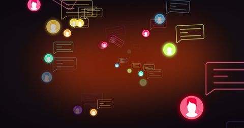Colorful social network icons with speech bubbles and brown background
