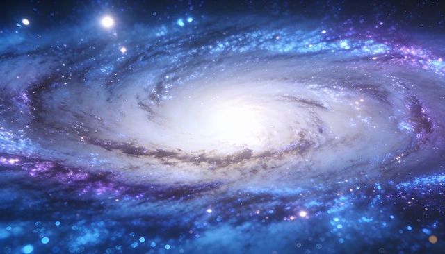 Glowing spiral galaxy with bright core, dust lanes and vibrant blue-purple starfield