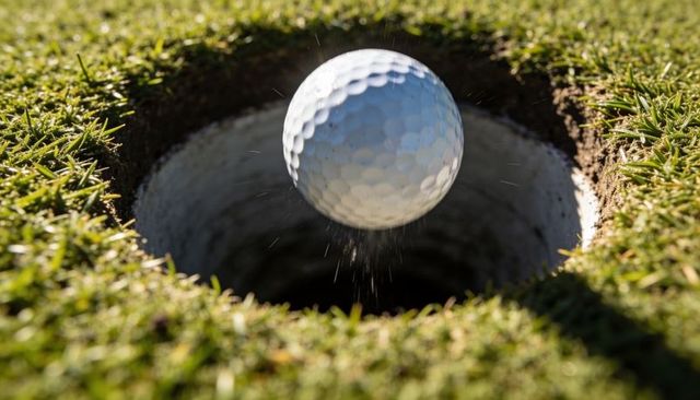 Golf ball hovering above cup on sunlit putting green closeup macro action