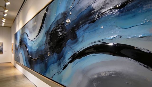 Panoramic blue black abstract resin painting with metallic flecks reflecting gallery lights