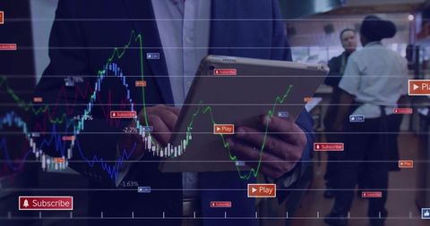 Businessman Analyzing Digital Financial Charts in Cafe Using Tablet