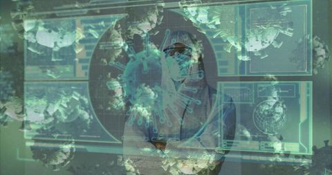 Doctor examines digital medical interface with covid-19 graphics