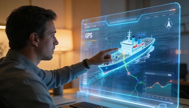 Maritime navigation analyst interacting with holographic ship and live GPS route analytics