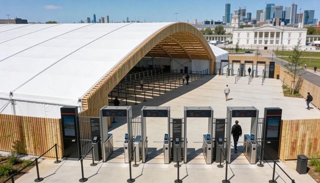 Modern event entrance featuring wooden arched canopy, automated turnstiles, urban plaza