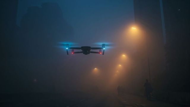 Drone hovering over foggy urban street with blue red leds and cinematic night fog