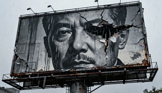 Peeling billboard portrait revealing weathered man's face in pouring rain and rusted urban decay