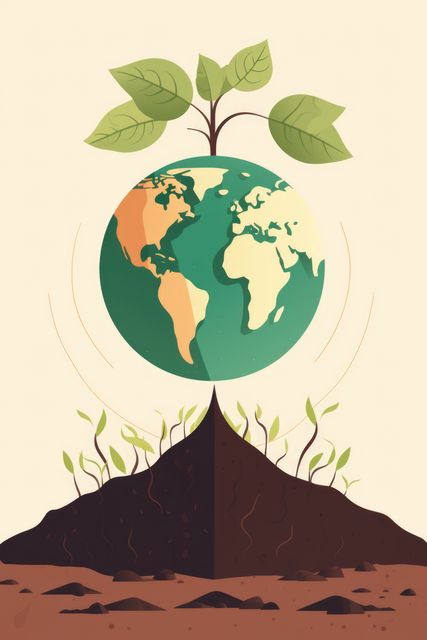 Illustration shows Earth growing from soil with leaves emerging, indicating environmental sustainability and connection to nature. This can be used for environmental campaigns, earth day promotions, educational materials, and ecological awareness programs.