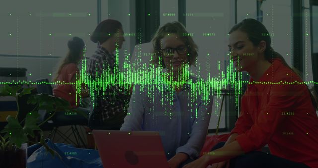 Two Women Analyzing Digital Data in Modern Office with Soundwave Graphic Overlay - Download Free Stock Images Pikwizard.com