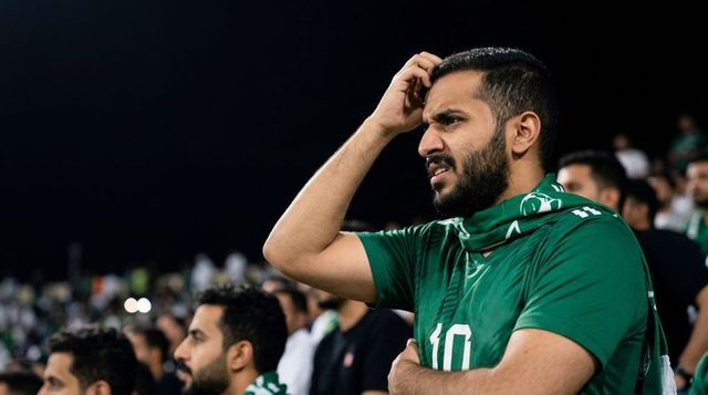 Anxious soccer fan wearing green number 10 jersey scratching head in night stadium