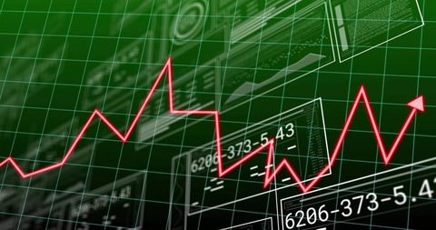 Neon red jagged market graph over futuristic green trading grid and digital dashboards