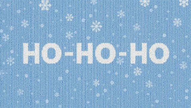 Blue knit holiday sweater pattern featuring bold ho-ho-ho text and snowflake motifs