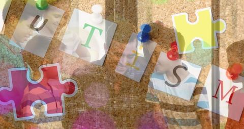 Autism awareness with smiling children and puzzle pieces