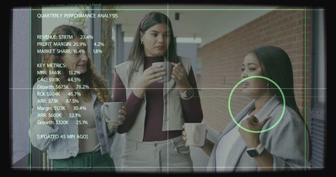 Three Businesswomen Standing on Balcony Discussing Quarterly Performance with AR Overlay