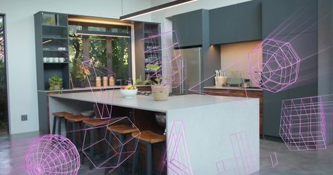 Modern kitchen island with magenta wireframe overlays showcasing open-plan design