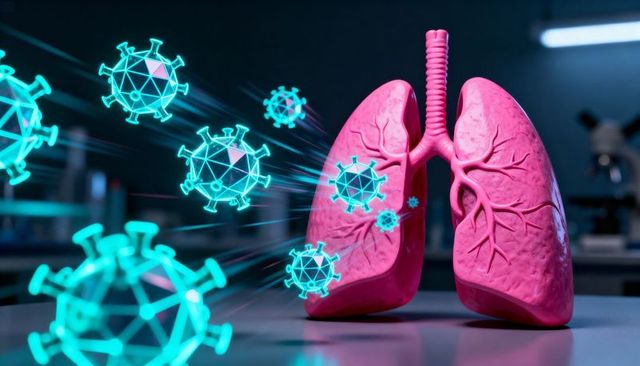 Neon viral attack on lungs with glowing particles, lab concept for respiratory infection