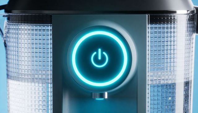 Cyan led power button glowing on modern kitchen appliance with textured panels and chrome nozzle