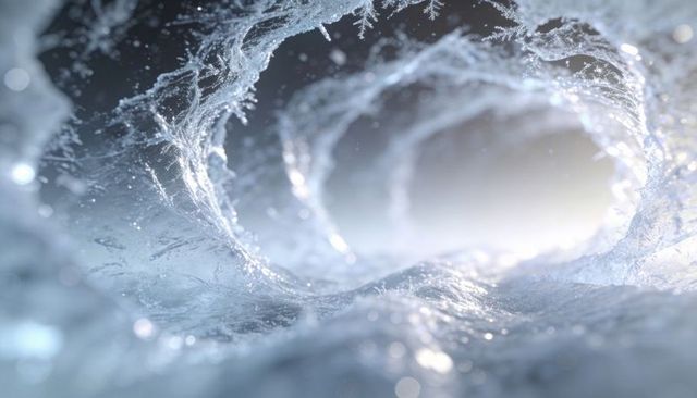 Curling crystalline water tunnel glowing with backlight, frosty ridges and sparkling bokeh