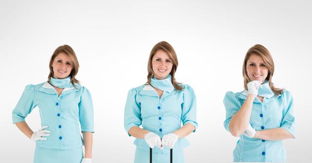 Image shows a female flight attendant smiling in multiple poses while wearing a blue uniform with white gloves. Suitable for use in travel-related promotions, aviation service advertisements, and airline brochures.