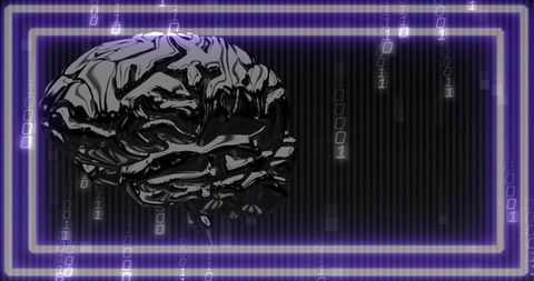 Glassy Black Brain Reflecting Purple Neon Frames with Binary Data Streams