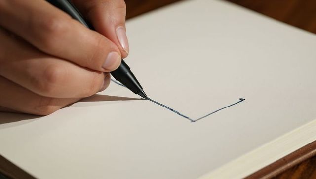 Closeup hand drawing angular ink line with arrowhead on cream notebook page