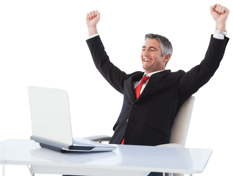 Caucasian businessman celebrating success enthusiastically on laptop transparent background