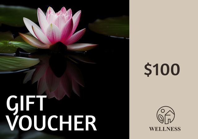 This elegant gift voucher design features a serene lotus flower, making it perfect for spa and wellness packages, relaxation retreats, or as a special present for a loved one seeking tranquility. The minimalist yet sophisticated design highlights the voucher amount and can be used for promotional purposes, enhancing customer engagement and gift-giving.