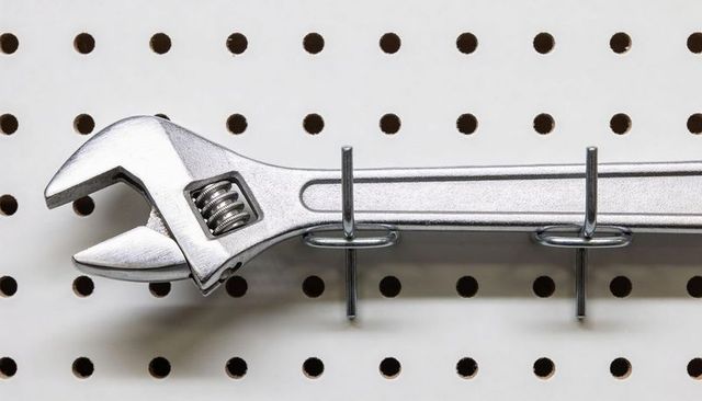 Chrome adjustable wrench hanging on white pegboard with hooks and worm screw