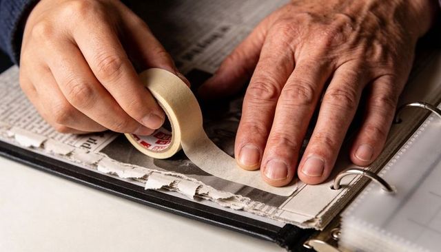 Hands restoring torn newspaper with archival tape on binder page repairing paper