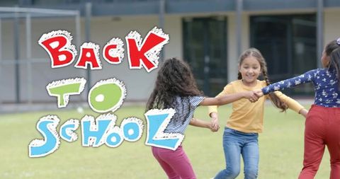 Back to school banner showing girls playing on school lawn holding hands