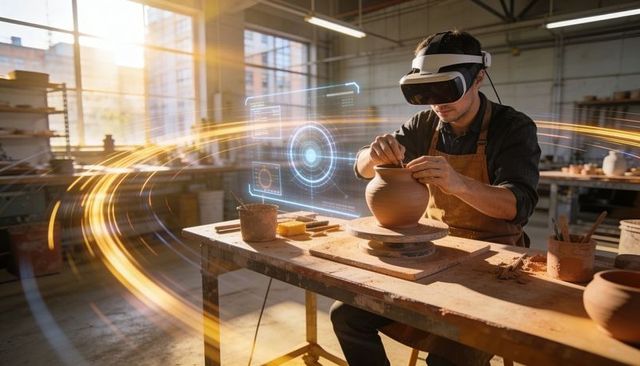 Artisan potter using vr headset to shape clay on wheel in sunlit workshop with holographic ui