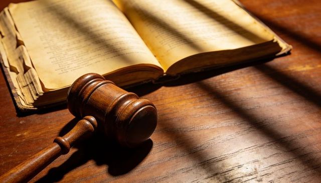 Wooden gavel resting on aged law book with dramatic sunlight stripes