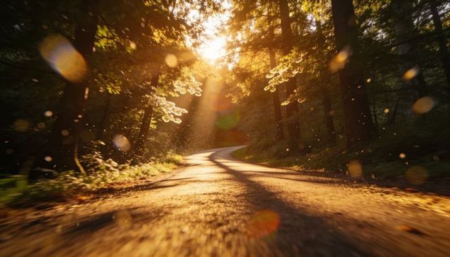 Golden hour winding road guiding sunbeams through dusty woodland path