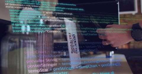 Tapping tablet with qr code and floating code overlay in coworking cafe workspace