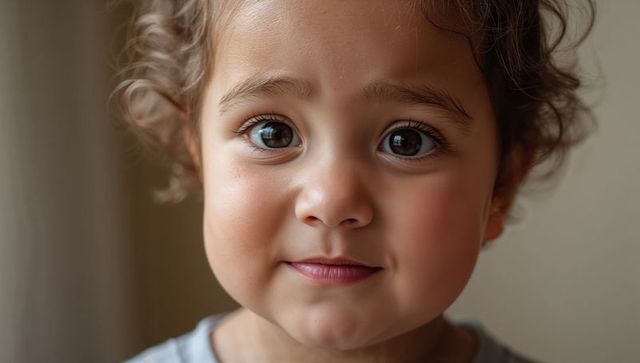 Gazing toddler catching soft window light with curly dark hair and gentle smile