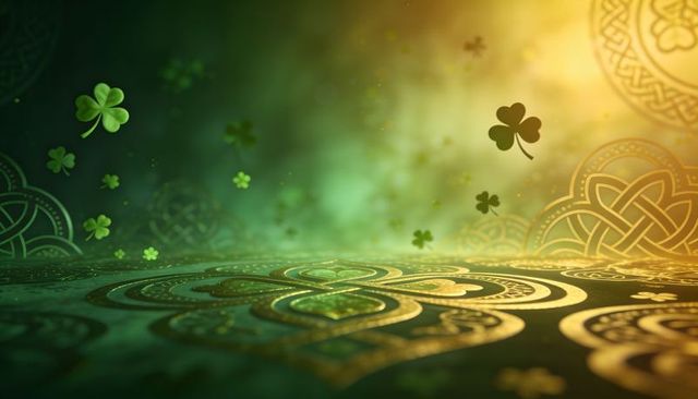 Emerald and gold celtic knotwork with floating shamrocks and soft golden glow