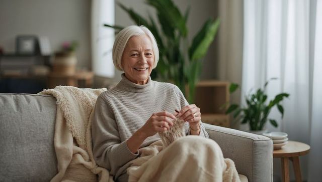 Senior woman knitting on sofa, smiling with cozy cream throw and indoor plants