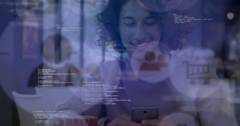 smiling young man with smart phone and financial data overlay - Download Free Stock Images Pikwizard.com