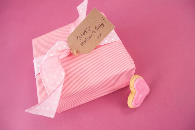 Close-up of gingerbread cookie with gift box on pink background
