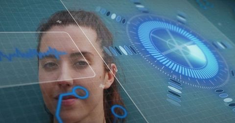 Staring woman wearing ear cuff, posing with holographic HUD radar interface overlay