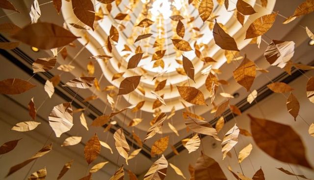 Golden leaf installation spiraling toward skylight in museum atrium, vertical sculpture