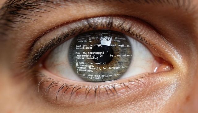 Macro brown eye reflecting scrolling code, capturing digital surveillance and ai vision